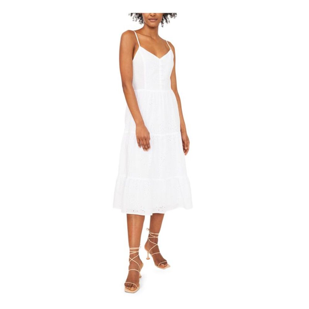 RILEY&RAE Womens White Adjustable Straps  Shirred Tiers Midi Dress 6